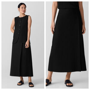 Eileen Fisher Silk Midi Length Wrap Pencil Skirt Size Medium Black Elastic Waist